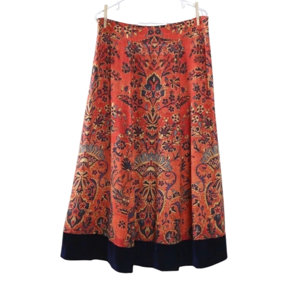 Soft Surroundings Baroque Print Velvet Hem Midi Stretch Waist Skirt - Picture 2 of 10